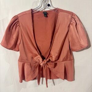 Wild Fable Satin Tie Front Flutter Sleeve Top Pink‎